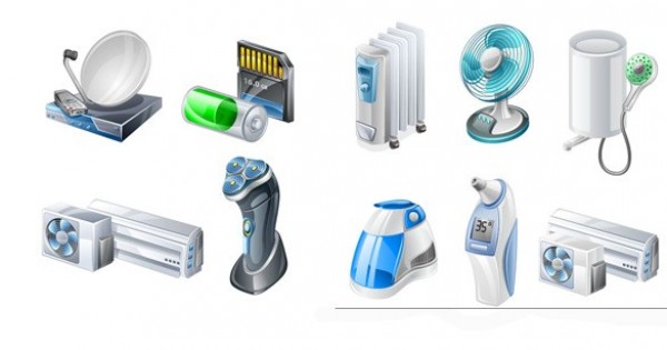 Household Electric Appliances Vector Icons Set web vector unique ui elements stylish satellite dish razor quality original new mini split interface illustrator household high quality hi-res heater HD graphic fresh free download free fan elements electric appliances electric download detailed design creative coffee pot air conditioner   