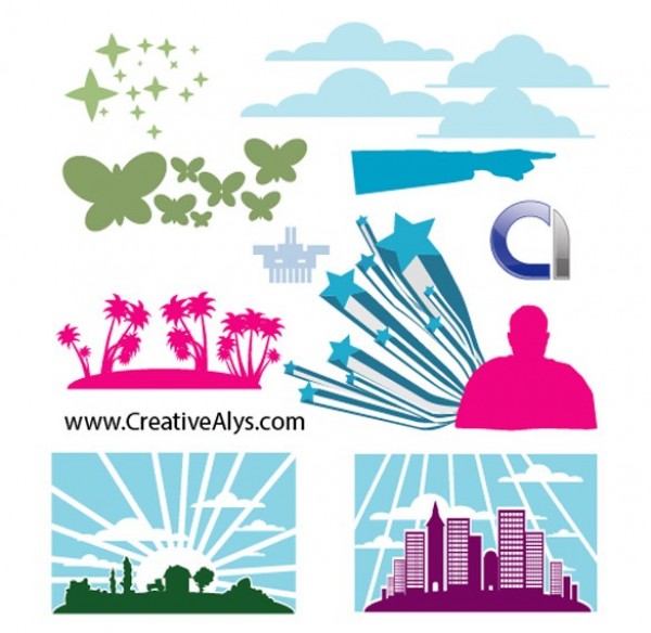 Creative Mixed Web Design Elements Set web vector mixed elements vector unique ui elements sunset stylish stars quality pointing hand palm trees original new interface illustrator horizon high quality hi-res HD graphic fresh free download free elements download detailed design elements design creative clouds cityscape butterflies ai   