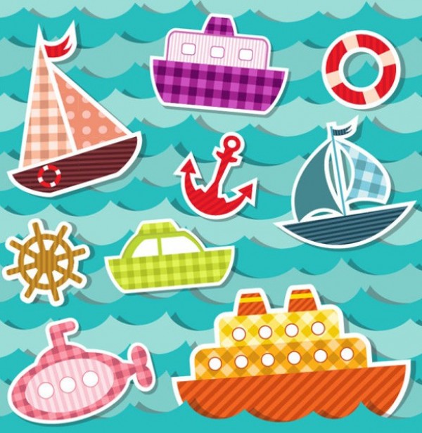 Colorful Cutout Ocean Transport Stickers Vector Set web waves vector unique ui elements submarine stylish stickers ship set quality original ocean new interface illustrator high quality hi-res HD graphic fresh free download free fish eps elements download detailed design cutout creative children boat anchor   