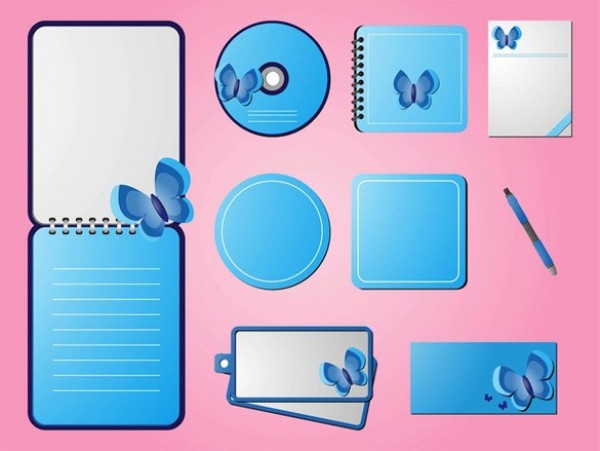 9 Piece Blue Butterfly Vector Stationary Set web vector unique ui elements templates tags stylish stickers stationary square round quality Promotions promotional original notes notepad notebook new labels interface illustrator high quality hi-res HD graphic fresh free download free elements download detailed design creative coil circle cd butterfly butterflies branding blue notebook blue advertising   