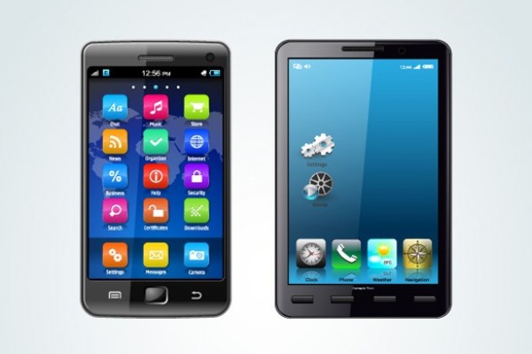 2 Glossy Black Android Smartphones Vector Set web vector unique ui elements stylish smartphone set quality phone original new mobile iphone interface illustrator high quality hi-res HD graphic fresh free download free eps elements download detailed design creative cellular black app android   