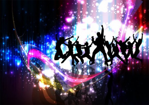 Party Night Silhouette Abstract Vector Background web vector unique stylish silhouette quality people party original lights jumping illustrator high quality graphic fresh free download free eps download design dancing creative colorful background   