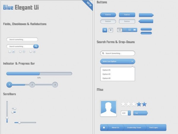 Quality Blue Web UI Kit Buttons & Bars PSD web unique ui kit ui elements ui stylish slider simple set search field rating quality progress bar profile pack original new modern kit interface hi-res HD gui kit fresh free download free elements dropdown menu download detailed design creative clean check boxes buttons blue   