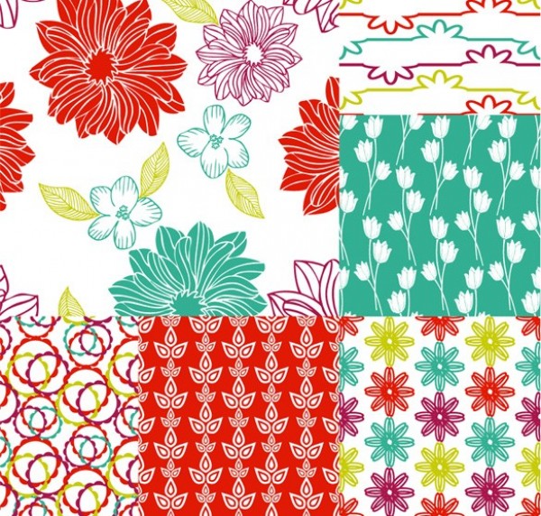 6 Hand Painted Colorful Floral Patterns Vector Set web vector unique ui elements stylish spring set seamless quality patterns original new nature interface illustrator high quality hi-res HD graphic fresh free download free flowers floral patterns floral eps elements download detailed design creative colorful background   