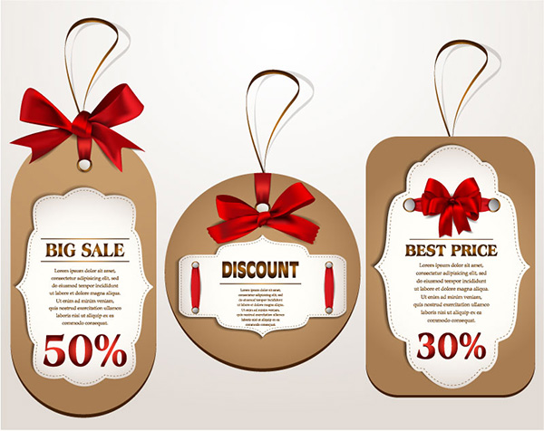 3 Fancy Hanging Sales Tags with Red Bows vintage vector sales ribbon red bow promo labels hanging tags free download free discount   