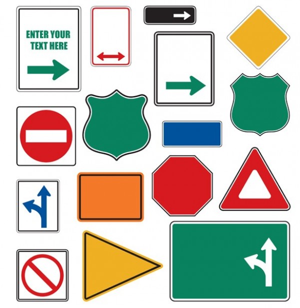 16 Various Road Signs Vector Shapes yield web vector unique ui elements stylish signs set route road signs road quality original no sign no entry new interface illustrator hiway highway high quality hi-res HD green graphic fresh free download free eps elements download do not enter detailed design creative caution arrow signs ai   