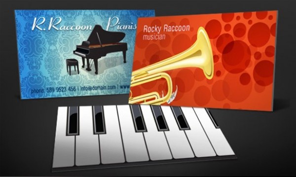 3 Musician Business Card Vector Templates web vector unique ui elements trumpet stylish set quality presentation piano original new musician music keyboard interface illustrator identity horns high quality hi-res HD graphic grand piano fresh free download free elements download detailed design creative card business card ai   