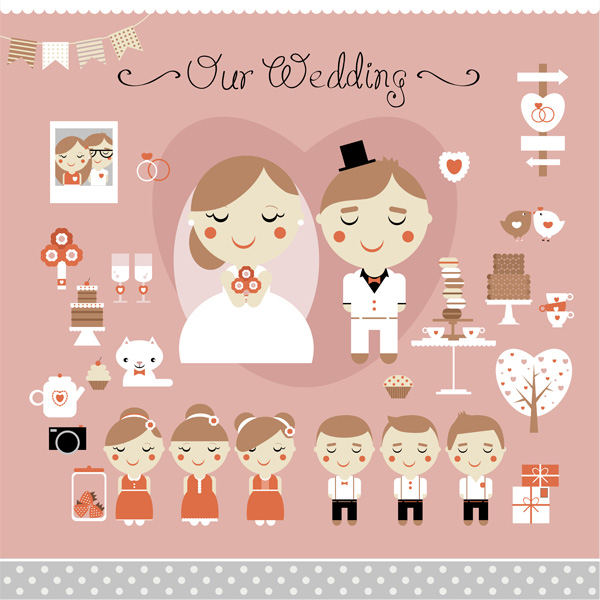 Cartoon Style Wedding Elements Vector Pack wedding elements wedding vector wedding elements vector set pack maid of honor free download free couple cartoon card best man   