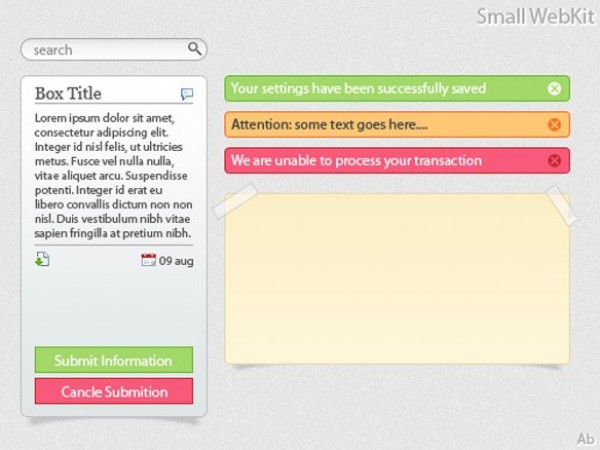 Small Web UI Elements Kit PSD web unique ui set ui kit ui elements ui stylish sticky note search field quality psd original notification alert buttons notification new modern modal box interface hi-res HD fresh free download free elements download detailed design creative clean   