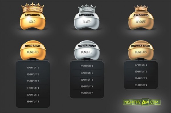 Glossy Gold Pricing Table & Award Set PSD web unique ui elements ui stylish silver set quality psd prize pricing table original new modern interface hi-res HD gold fresh free download free elements download detailed design crown creative columns clean bronze awards award   