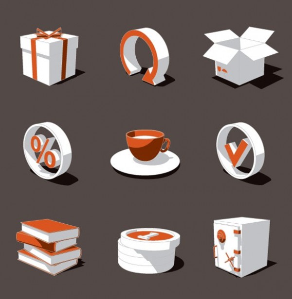 9 White Orange 3D Style Vector Icons Set white web vector unique ui elements stylish sign set Safe quality percent sign original orange new interface illustrator icons high quality hi-res HD graphic gift fresh free download free elements download detailed design creative coffee cup box books arrow 3d   