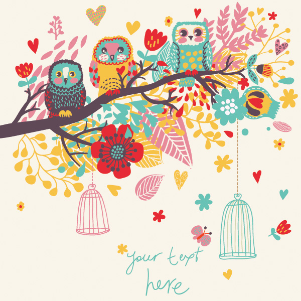 Owls on a Branch Floral Background web vintage vector unique ui elements tree stylish quality quaint owls original new interface illustrator high quality hi-res HD hand drawn graphic fresh free download free flowers floral eps elements download detailed design creative card butterflies branch birds background art ai   