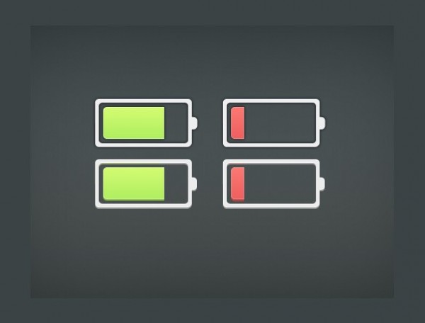 4 Simple Battery Icons Set PSD web unique ui elements ui stylish simple set red quality psd original new modern low battery interface icons hi-res HD green fresh free download free elements download detailed design creative clean charged battery   