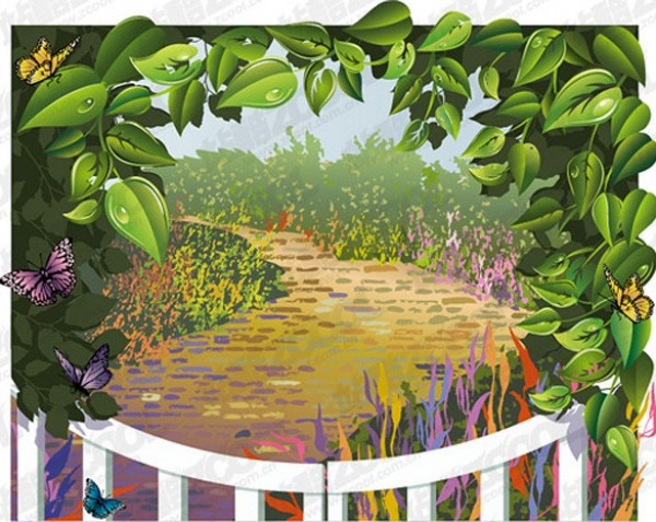 Gateway to the Garden Vector Background web vector unique trellis stylish quality path original ivy illustrator high quality graphic gateway gate garden path garden fresh free download free flowers floral download design creative background   