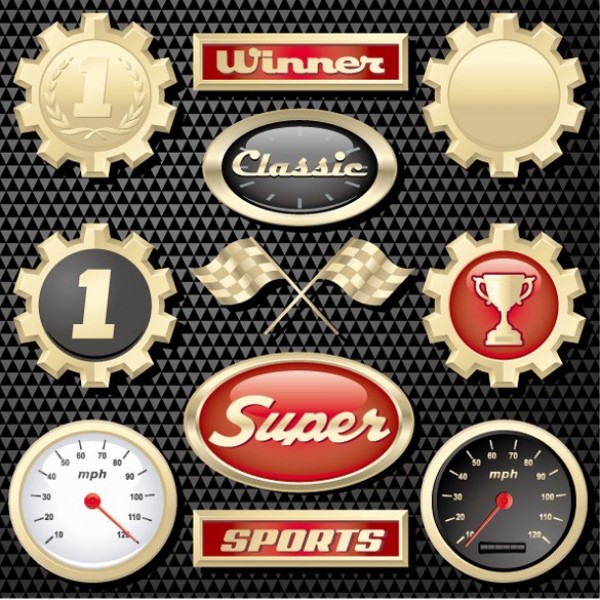 Winner Trophy Classic Racing Badges Vector Set winner web vector unique ui elements trophy super stylish sports speedometer red racing flags racing car quality original new interface illustrator icon high quality hi-res HD graphic gold fresh free download free elements download detailed design creative classic black badge   