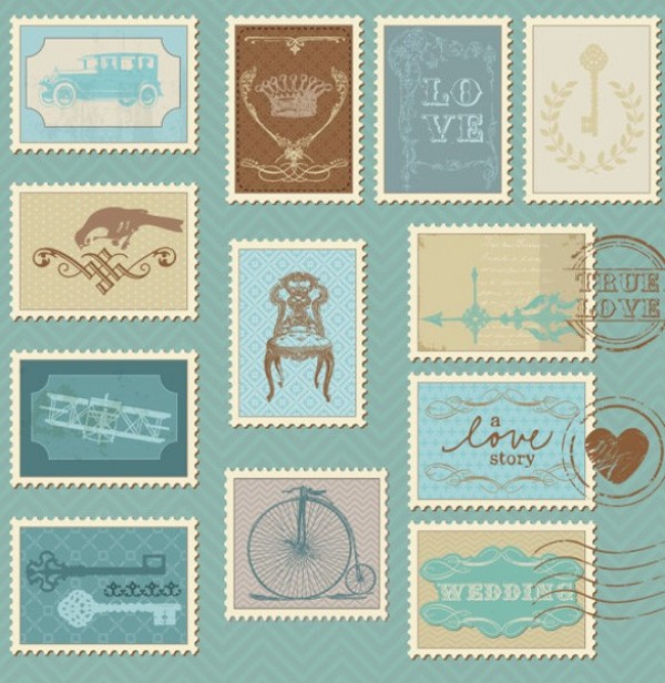 Vintage Vector Postage Stamps Collection web vintage vector unique stylish stamps retro quality quaint postage stamps postage original old stamps old fashioned love keys illustrator high quality graphic fresh free download free download design creative bicycle airplane   