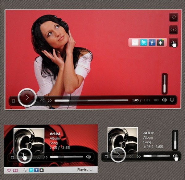 Elegant Web Media Player Interface PSD web video player unique ui elements ui stylish social quality psd player original new modern media player interface hi-res heart HD fresh free download free fav elements download detailed design dark creative clean   