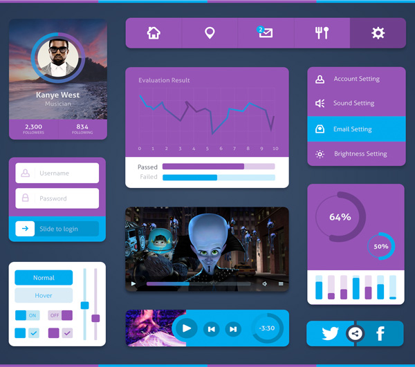 Stunning Purple Web UI Elements Kit PSD web video player vertical settings menu unique ui set ui kit ui elements psd ui elements ui toggles stylish social share sliders settings quality purple psd progress bars profile original new navigation music player modern menu login form interface hi-res HD graph widget fresh free download free elements download detailed design creative clean check boxes buttons bar aqua   