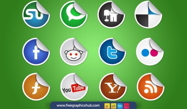 12 Crisp Curled Social Media Icons Vector Set web vector unique ui elements svg stylish sticker social icons set social set round quality original new networking media interface illustrator icons high quality hi-res HD graphic fresh free download free eps elements download detailed design curled sticker curled creative colorful bookmarking ai   