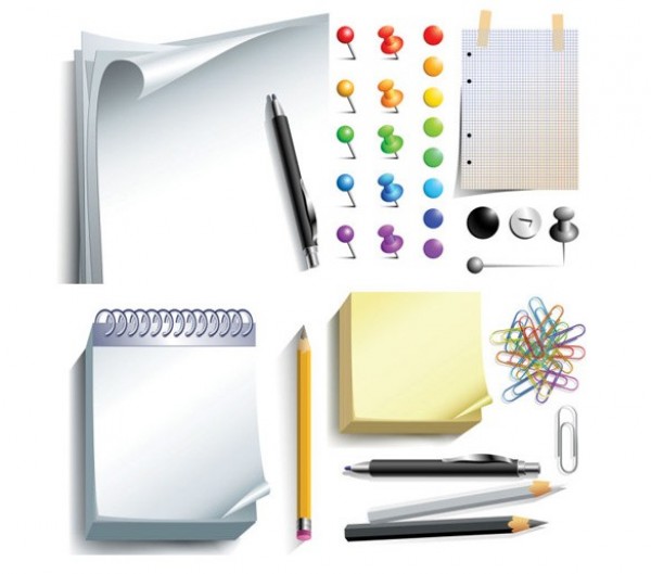 Realistic Office Supplies Vector Set web vector unique ui elements tacks stylish sticky notes set quality pins pencil pen paperclips original office supplies office notepad new interface illustrator high quality hi-res HD grid paper graphic fresh free download free elements download detailed design curled paper creative   