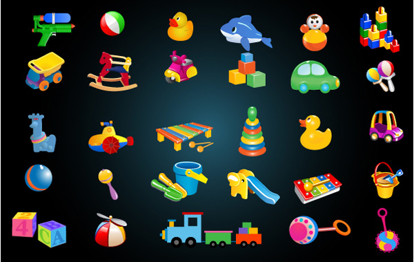 30 Cute Colorful Baby Toys Icon Pack vector trucks train set rattles pack icons icon helicopter free download free duck dolphin colorful cars blocks balls baby toys baby   
