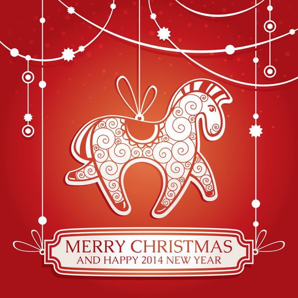 Decorative Horse Christmas New Year Card vector red new year 2014 horse hanging sign free download free decorated christmas card background   