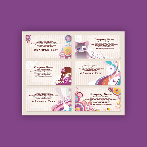 6 Cute Style Business Cards Templates young vector set presentation pink identity girl free download free floral cute cat cards card business card   