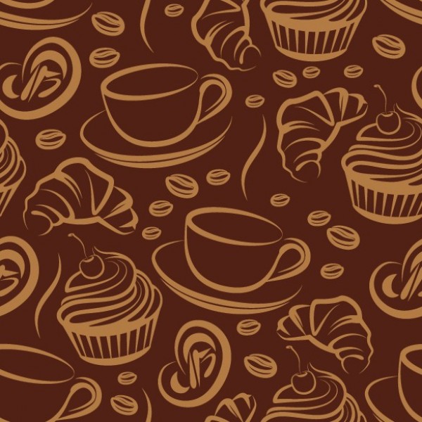 Rich Coffee and Treats Pattern Vector Background web vector unique ui elements treats stylish quality pattern original new interface illustrator high quality hi-res HD graphic fresh free download free eps elements download detailed desserts design cupcake creative coffee cups coffee cake brown background   