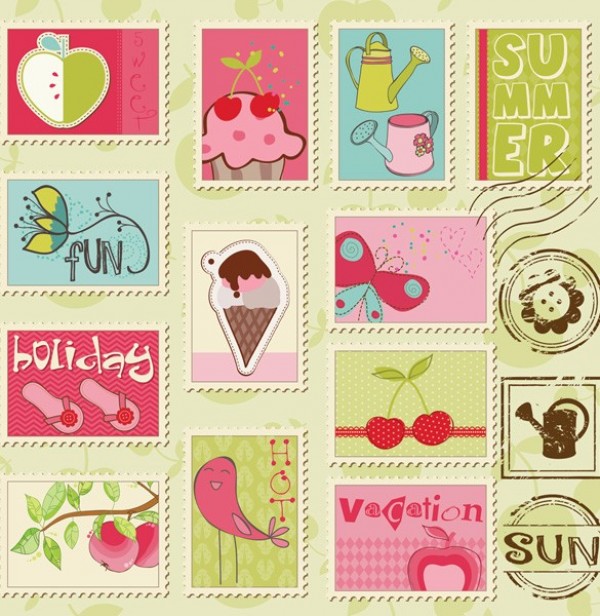 Vintage Summer Vacation Vector Stamp Set web vintage vector vacation unique sun summer stylish stamps stamp collection set sandals quality quaint original illustrator icecream holiday high quality graphic fruit fresh free download free download design creative butterfly   