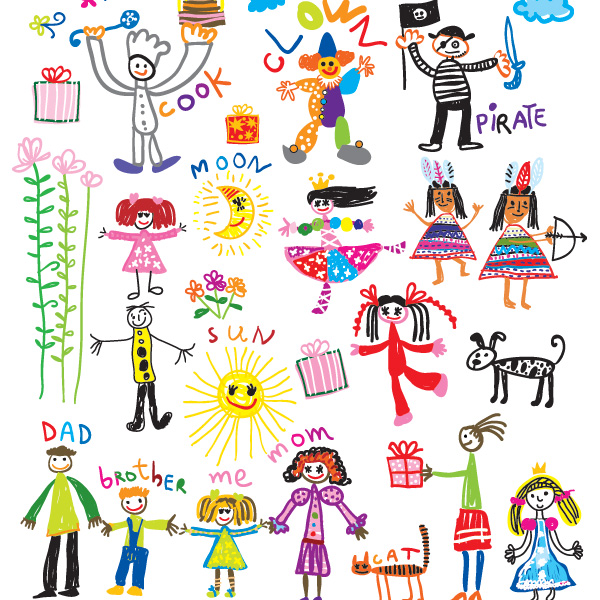 Colorful Children's Drawings Vector Set web vector unique ui elements sun stylish sketches set scribbles quality princess pirates original new kids interface Indians illustrator high quality hi-res HD graphic gifts friends fresh free download free family eps elements drawing download dog detailed design creative colorful clown childrens art children child cat art   