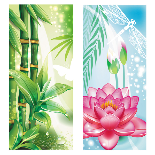 2 Floral Nature Bamboo UI Vertical Banners Set web vertical nature banner vertical vector unique ui elements stylish quality original new nature lotus flower lotus interface illustrator high quality hi-res HD graphic garden fresh free download free forest floral eps elements dragonfly download detailed design creative banner bamboo Asian   