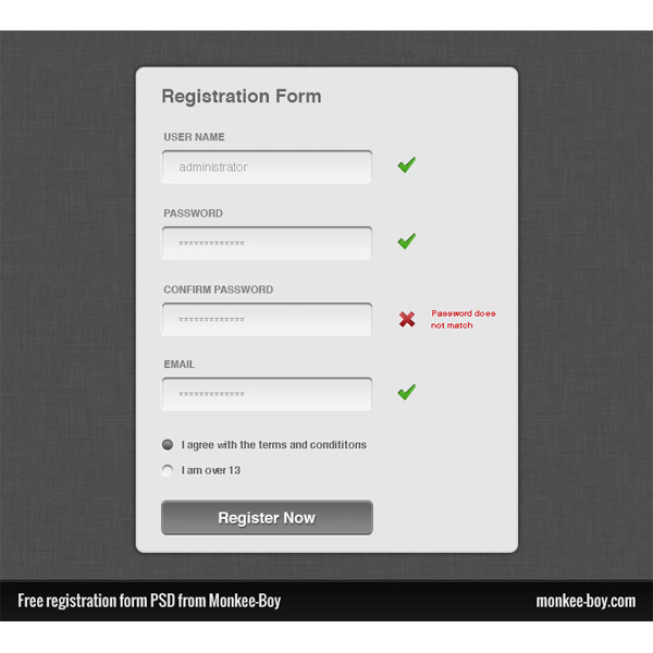 Very Clean Registration Form Interface PSD window web unique ui elements ui stylish signup registration form registration quality psd original new modern modal light interface hi-res HD grey fresh free download free field elements download detailed design creative clean box   