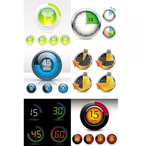 6 Watch Timer Instruments Vector Buttons web watch vector unique ui elements timer button timer time icon time button time stylish quality original new interface instrument illustrator icon high quality hi-res HD graphic fresh free download free elements download detailed design creative   