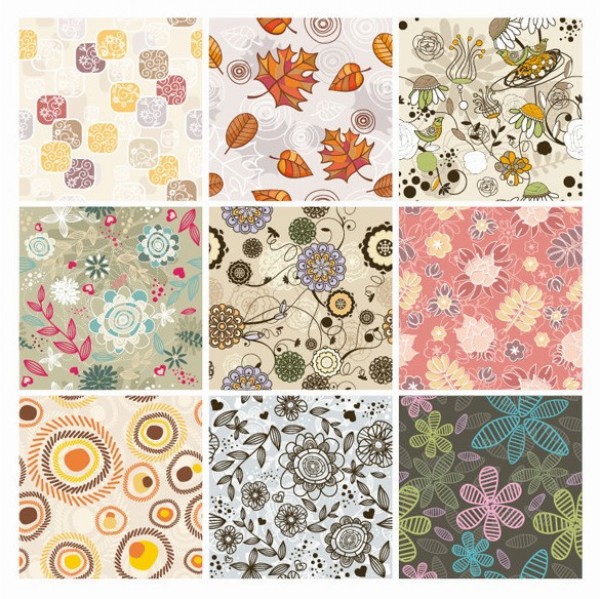 9 Floral Art Seamless Patterned Vector Backgrounds web vector unique stylish set seamless retro quality patterns pattern pack original illustrator high quality graphic geometric fresh free download free floral eps download design creative circles background art   