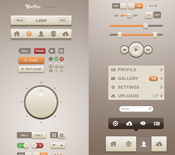 Coffee iPhone Control UI Elements Kit volume ui elements ui toggles sliders search boxes search player buttons mobile phone interface menu icons iconic toolbar free download free edit dropdown control buttons back   