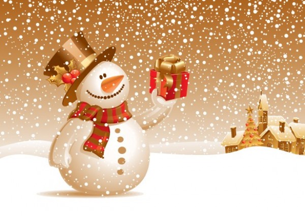 Snowman with Gift Vector Winter Scene winter web village vector unique ui elements stylish snowing snow scene quality original new interface illustrator high quality hi-res HD graphic gift fresh free download free eps elements download detailed design creative christmas background   
