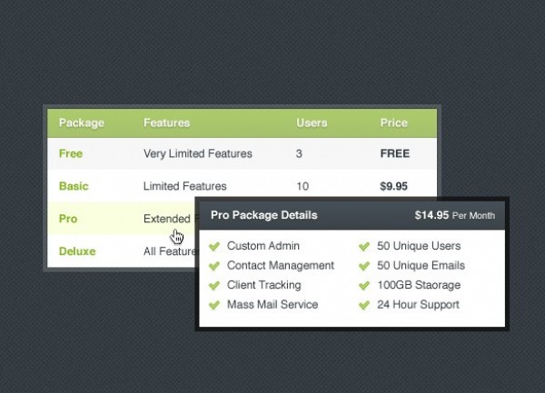 Minimal Package Pricing Table Set PSD web unique ui elements ui tooltip table stylish quality psd product pricing table pricing package original new modern interface hi-res HD fresh free download free elements download detailed design creative comparison columns clean   