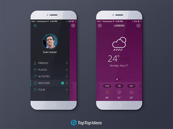 Profile & Weather iOS 7 App Concept weather app vertical menu ui elements ui profile menu iphone ios 7 free download free forecast concept   