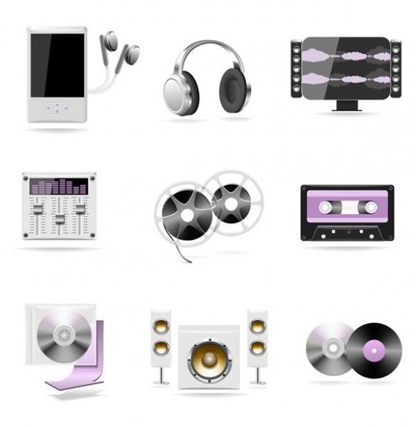 9 Detailed Audio Electronics Icons Vector Set web vinyl record vector unique ui elements tape cassette stylish speakers set reel-to-reel quality original new music monitor iPod with earphones interface illustrator icons high quality hi-res headphones HD graphic fresh free download free equalizer elements electronics download detailed design creative cd audio   