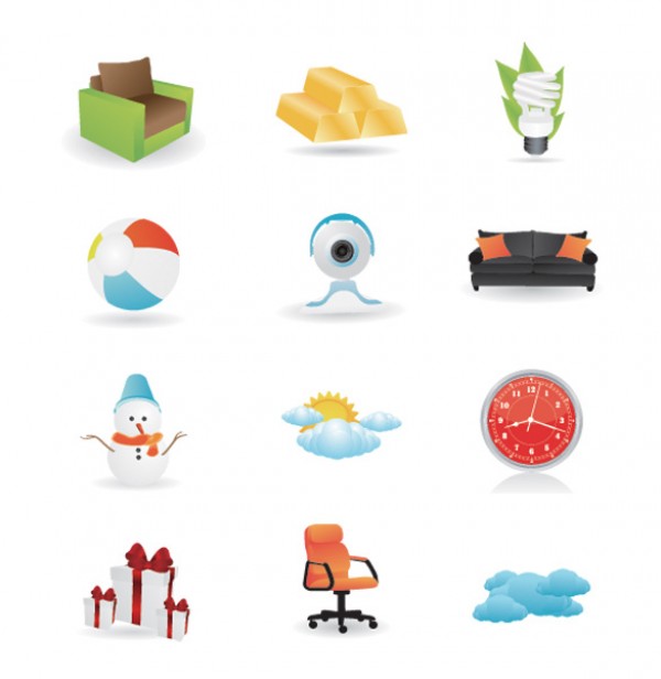 12 Different Vector Icons Pack web vectors vector graphic vector unique ultimate sofa snowman quality photoshop pack original new modern illustrator illustration icons high quality gold bars gift fresh free vectors free download free download design creative cloud clock chair cam beach ball ai   