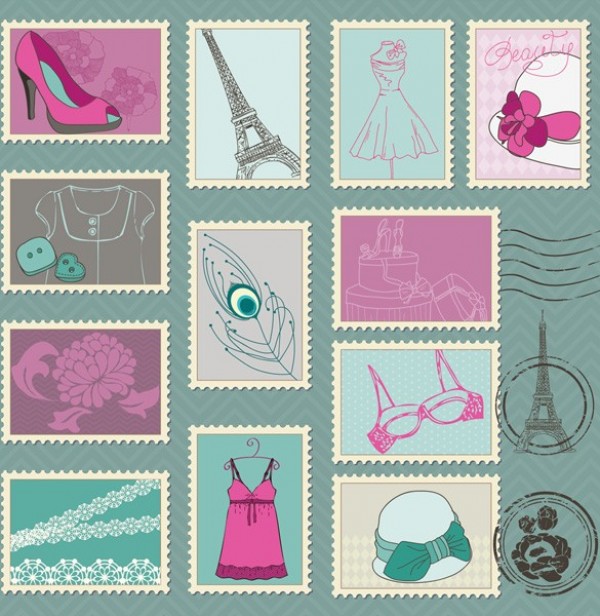 Vintage Fashion Postage Stamps Set women web vintage vector unique underwear stylish stamps shoes quality postage stamps postage original ladies illustrator high quality hat graphic fresh free download free fashion eiffel tower dress download design creative beauty stamp beauty   