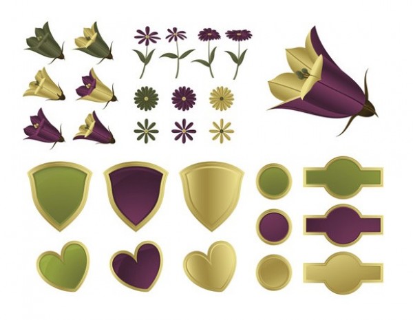 Purple/Green Flowers & Shields Vector Elements web vector unique ui elements stylish stickers shields set quality purple original new interface illustrator high quality hi-res hearts HD green graphic fresh free download free flowers floral eps elements download detailed design creative badges   