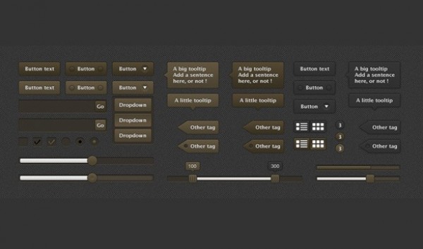 Dark Brown Web UI Elements Kit PSD web unique ui set ui kit ui elements ui tooltips tags stylish sliders search fields quality psd progress bar original new modern interface hi-res HD fresh free download free elements dropdown download detailed design dark creative clean check boxes buttons brown   