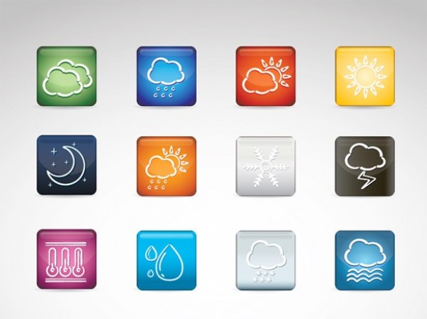12 Colorful Square Weather Buttons Set web weather icons weather buttons unique ui elements ui stylish square simple set quality original new modern interface icon hi-res HD fresh free download free elements download detailed design creative colorful clean button   