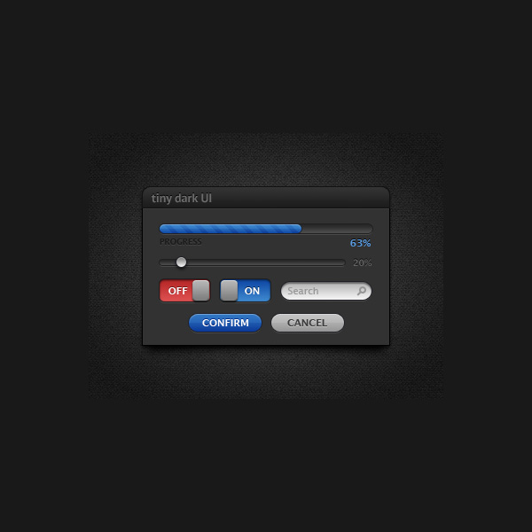 Dark Little UI Elements Kit PSD web unique ui set ui kit ui elements ui toggles switches stylish slider set search field search quality psd progress bar original on/off switches new modern kit interface hi-res HD fresh free download free elements download detailed design dark ui kit dark ui elements dark creative confirm clean cancel buttons   