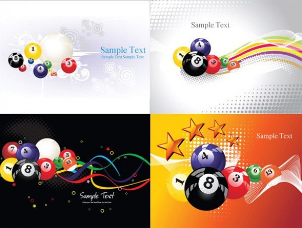4 Colorful Billiard Balls Vector Backgrounds web vector unique ultimate ui elements stylish stars ribbons quality pool pack original new modern interface illustration high quality high detail hi-res HD graphic game fresh free download free elements eight ball download detailed design creative billiards billiard balls banner background abstract 8 ball   