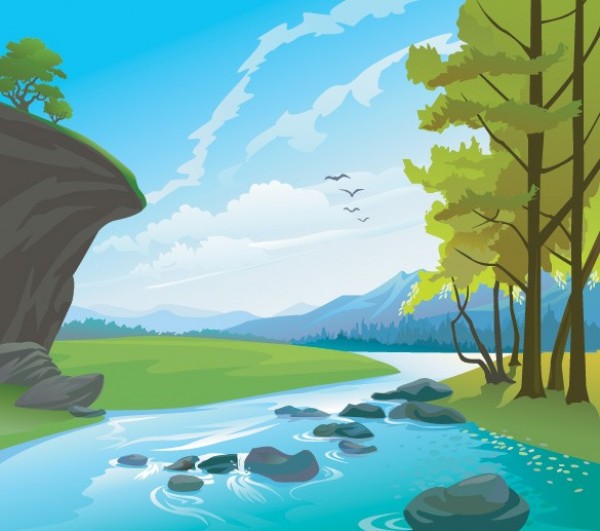 Peaceful Valley Mountains & Stream Vector Background web vector valley unique stylish stream river quality peaceful original nature mountains landscape illustrator high quality graphic fresh free download free fields eps download design creek creative countryside background   