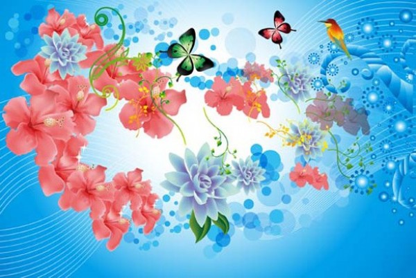 Butterflies and Birds Floral Abstract Vector Background web vector unique summer stylish quality original illustrator high quality graphic fresh free download free floral download design creative butterflies birds background abstract   