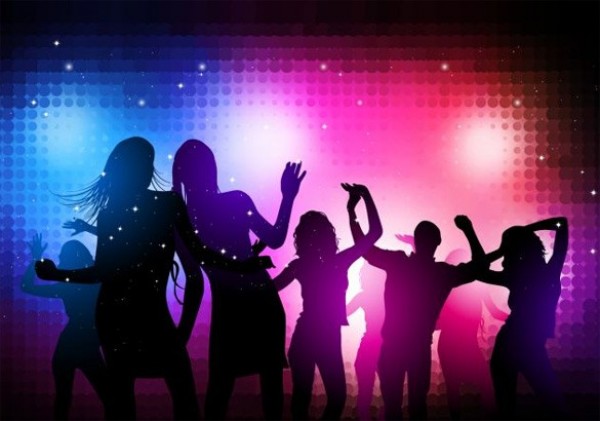 Party Night Dancing Silhouettes Vector Background web vector unique stylish silhouettes silhouette quality party silhouttes party poster party original illustrator high quality graphic fresh free download free eps download disco design dancing people creative background   