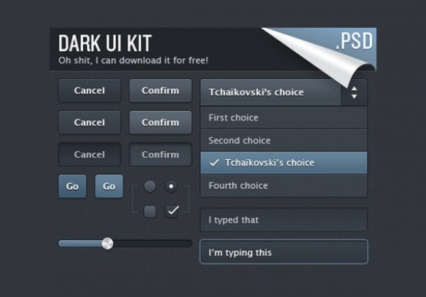 Dark Web UI Elements Kit PSD 11410 web unique ui set ui kit ui elements ui stylish slider set radio buttons quality psd original new modern kit interface input field and button sets in normal/active states hi-res HD fresh free download free elements dropdown menu download detailed design dark ui kit dark creative clean check boxes blue   